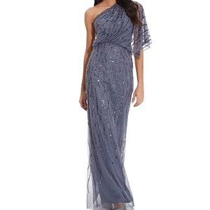 Adrianna Papell Sequin One Shoulder Illusion Sleeve Gown Size 12